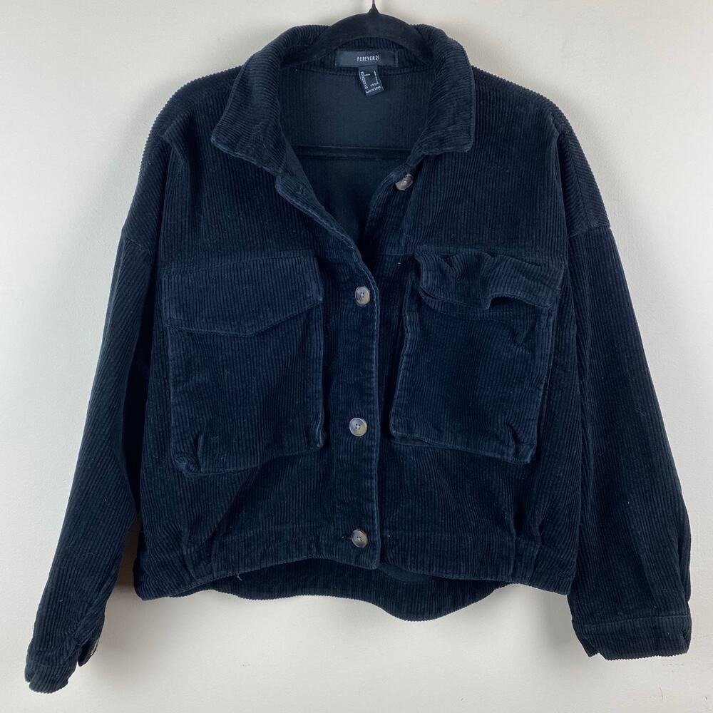 Forever 21 Black Corduroy Jacket Cropped Boxy Grunge Utility Cargo Granola Retro